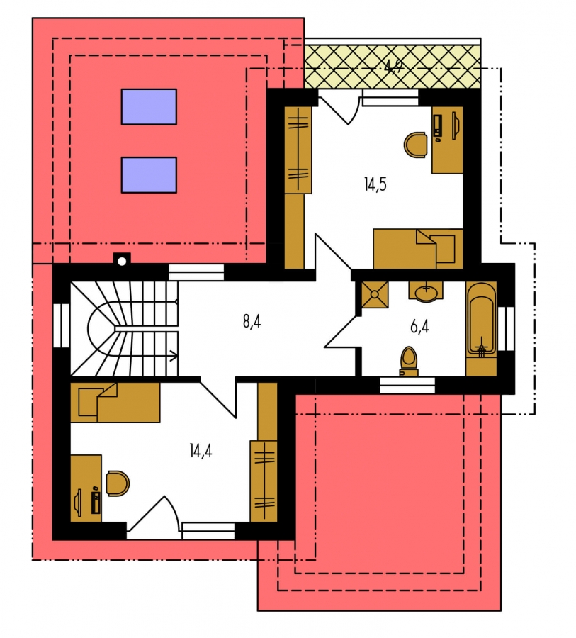 Pôdorys Poschodia - Moderní poschoďový dům s pokojem v přízemí a pultovými střechami.