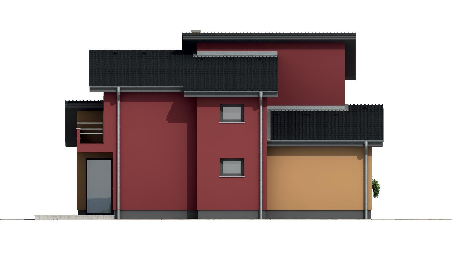 Pohľad 2. - Moderní poschoďový dům s pokojem v přízemí a pultovými střechami.