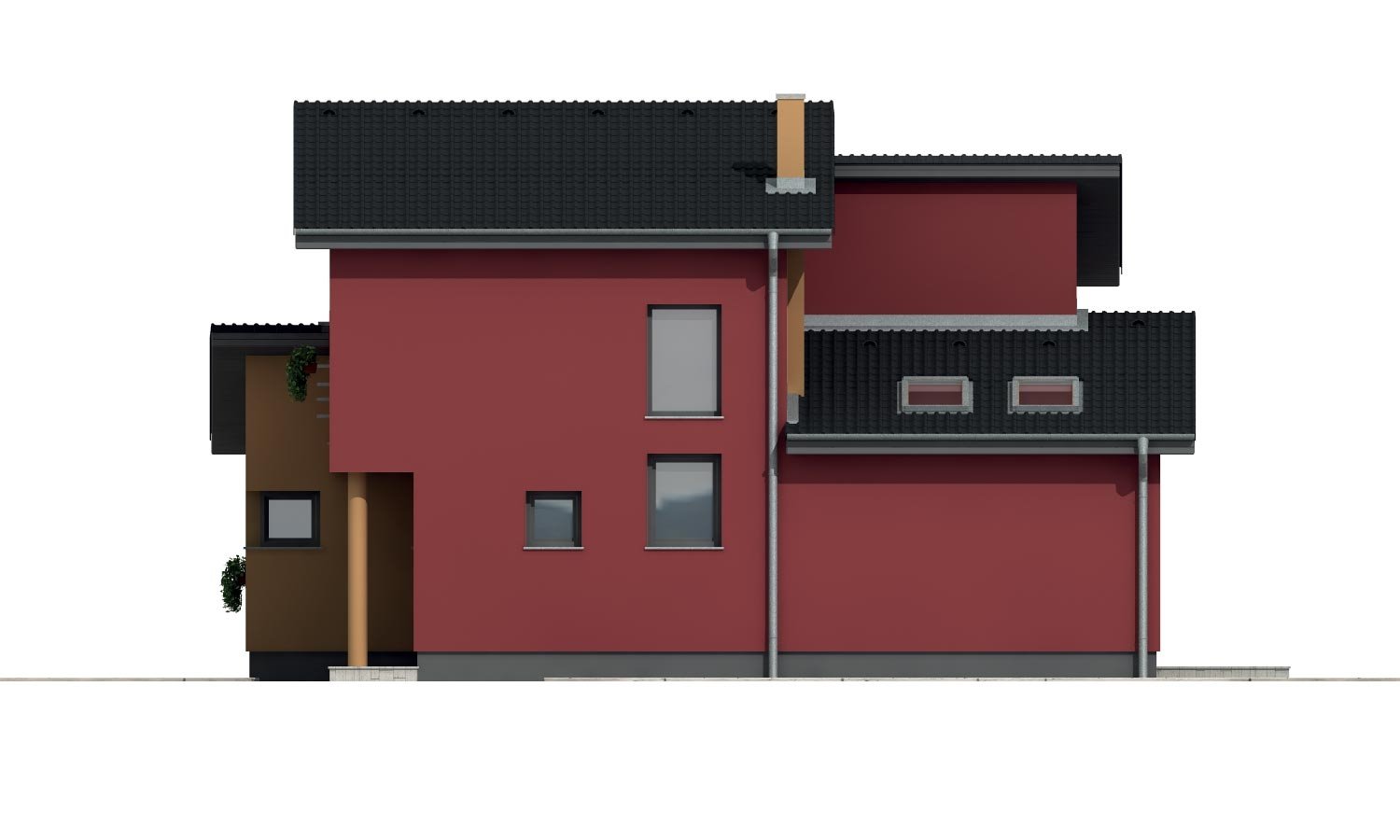 Pohľad 4. - Moderní poschoďový dům s pokojem v přízemí a pultovými střechami.
