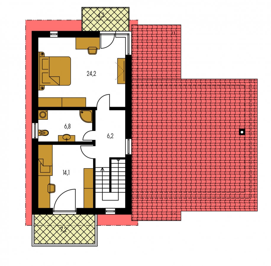 Pôdorys Poschodia - Moderní z části patrový dům s garáží a ložnicí v přízemí.