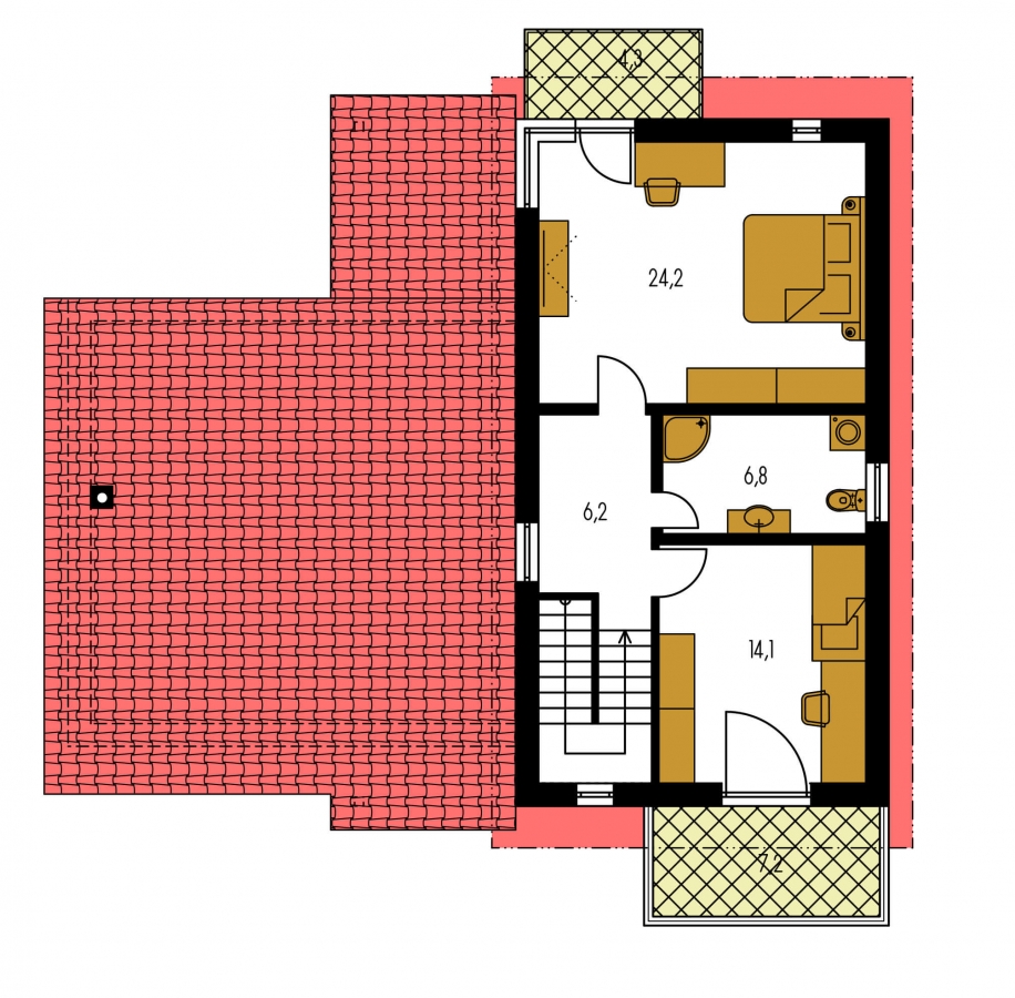 Pôdorys Poschodia - Moderní z části patrový dům s garáží a ložnicí v přízemí.