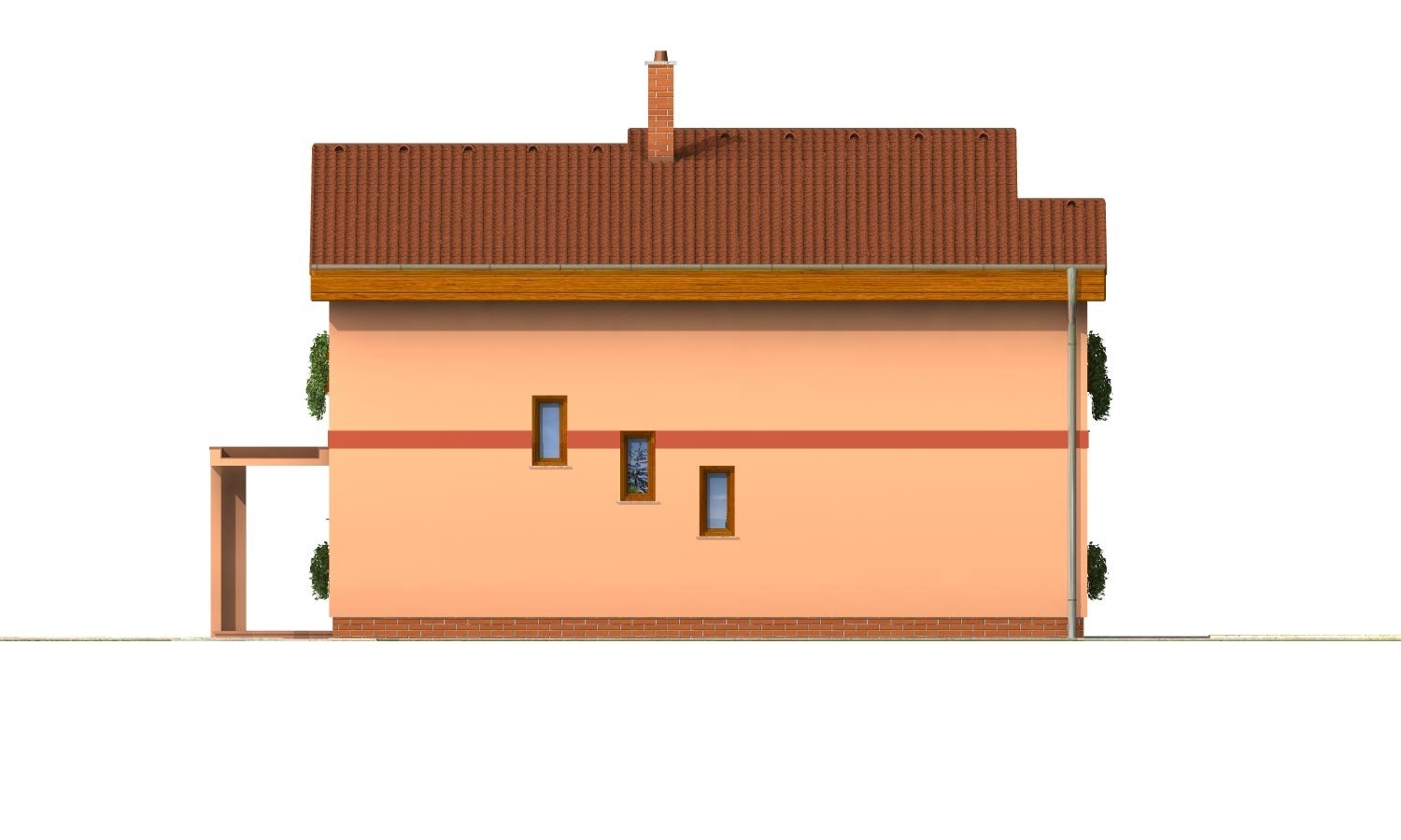 Pohľad 3. - Moderní poschoďový dům s pultovými střechami a pokojem v přízemí.