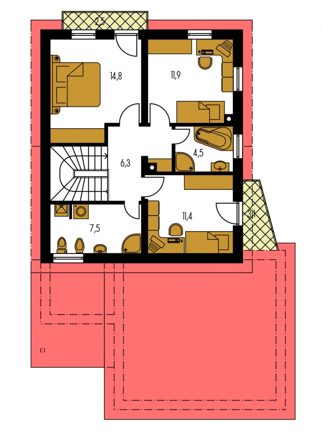 Pôdorys Poschodia - Moderní podkrovní rodinný dům s dvojgaráží.