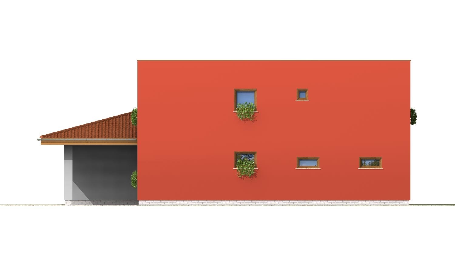 Pohľad 2. - Moderní poschoďový dům s garáží a pokojem v přízemí.
